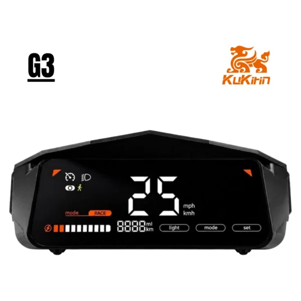 Écran Kukirin G3 allumé, vitesse en grands chiffres et jauge de batterie Écran Kukirin G3 allumé, vitesse en grands chiffres et jauge de batterie