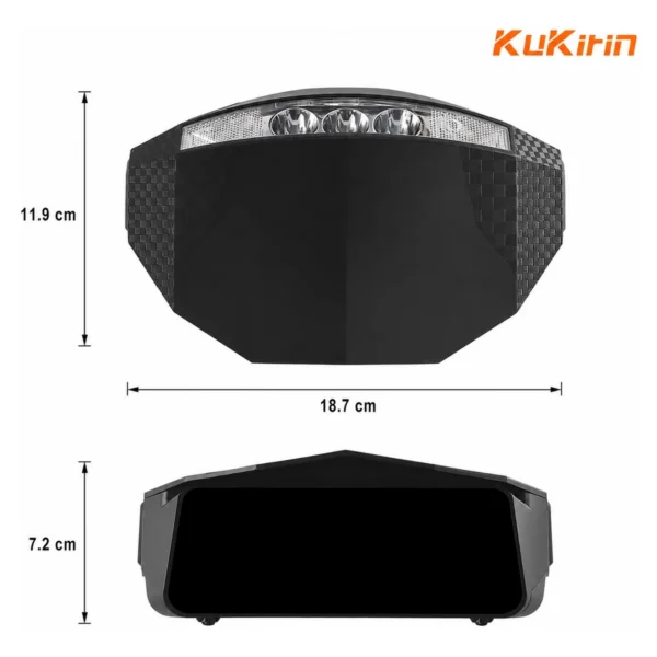 Bloc compteur Kukirin G3 vu de dessus avec ses optiques LED, cotes 187 et 119 mm Bloc compteur Kukirin G3 vu de dessus avec ses optiques LED, cotes 187 et 119 mm