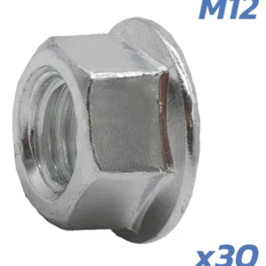 Écrou d'axe moteur M12 à embase crantée — clé de 18, acier zingué, lot de 30