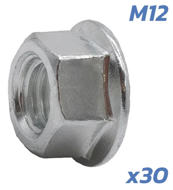 Écrou d'axe moteur de trois quarts, avec les mentions M12 et x30 portées sur l'image