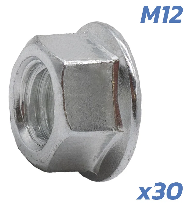 Écrou d'axe moteur de trois quarts, avec les mentions M12 et x30 portées sur l'image