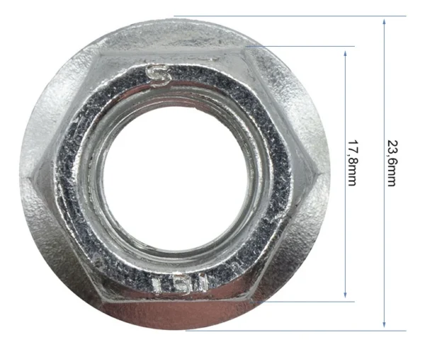 Plan coté de face : six pans de 17,8 mm et embase de 23,6 mm de diamètre