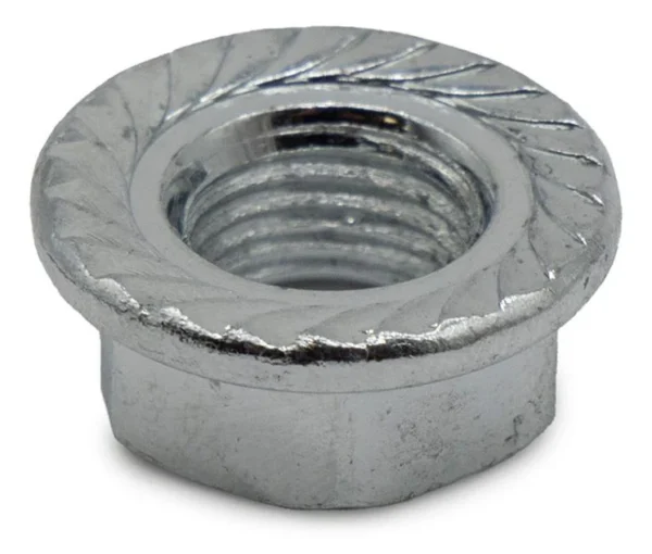 Écrou d'axe moteur vu de dessus : couronne de dents inclinées et filetage intérieur Écrou d'axe moteur vu de dessus : couronne de dents inclinées et filetage intérieur