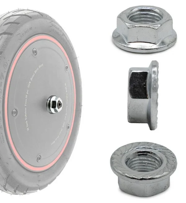 Trois vues de l'écrou à côté d'une roue de trottinette dessinée en gris Trois vues de l'écrou à côté d'une roue de trottinette dessinée en gris