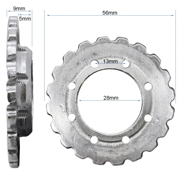 Plan coté de l'écrou crénelé : 56 mm de diamètre, filetage de 28 mm, 9 mm d'épaisseur Plan coté de l'écrou crénelé : 56 mm de diamètre, filetage de 28 mm, 9 mm d'épaisseur