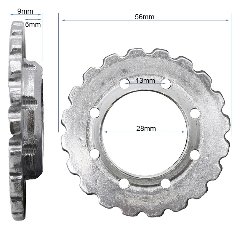 Plan coté de l'écrou crénelé : 56 mm de diamètre, filetage de 28 mm, 9 mm d'épaisseur