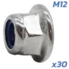 Écrou frein à embase vu de trois quarts, avec les mentions M12 et x30 portées sur l'image Écrou frein à embase vu de trois quarts, avec les mentions M12 et x30 portées sur l'image
