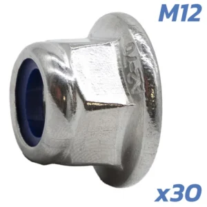 Écrou frein M12 à embase en inox A2-70 — clé de 18, bague nylon, lot de 30