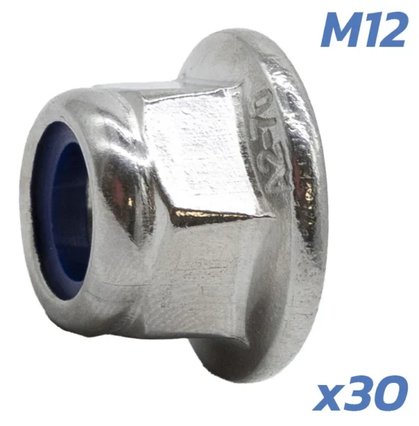 Écrou frein à embase vu de trois quarts, avec les mentions M12 et x30 portées sur l'image Écrou frein à embase vu de trois quarts, avec les mentions M12 et x30 portées sur l'image