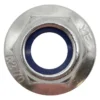 Écrou vu de face : bague nylon bleue au centre et marquage A2-70 sur l'embase Écrou vu de face : bague nylon bleue au centre et marquage A2-70 sur l'embase