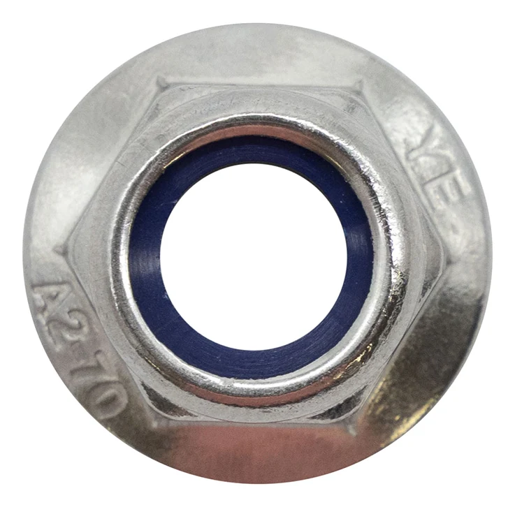Écrou vu de face : bague nylon bleue au centre et marquage A2-70 sur l'embase