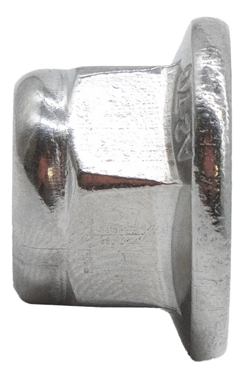 Écrou de profil : six pans, embase plate et marquage frappé sur la couronne Écrou de profil : six pans, embase plate et marquage frappé sur la couronne