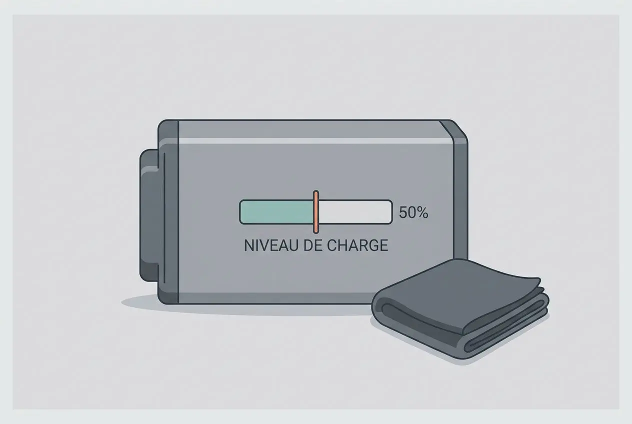 Entreposer une trottinette électrique: une image montrant une batterie avec niveau de charge 50% et un voile de couverture, suggérant stockage et protection.