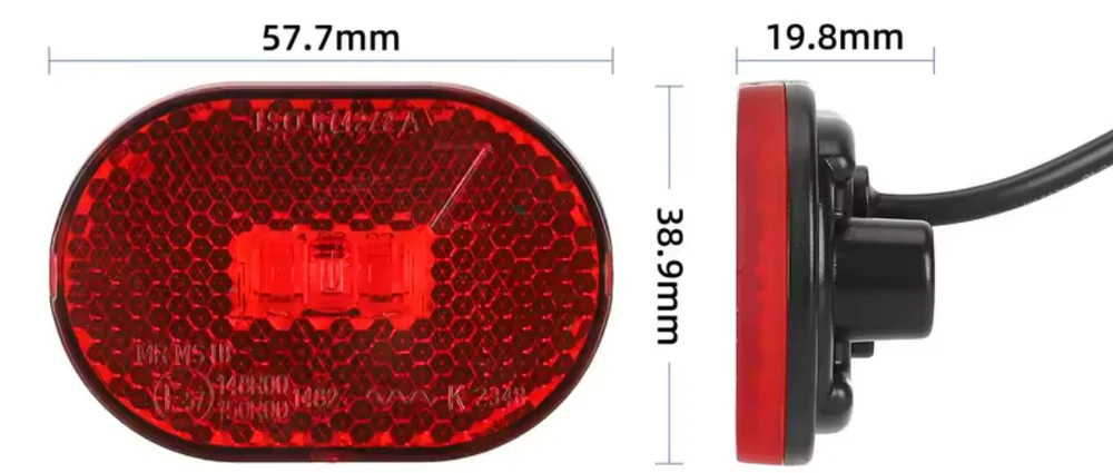 Plan coté du feu arrière Xiaomi Electric Scooter Elite, 57,7 sur 38,9 mm