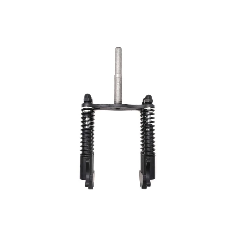Fourche suspendue UrbanGlide E-Cross Max vue de face, pattes de roue et ressorts apparents