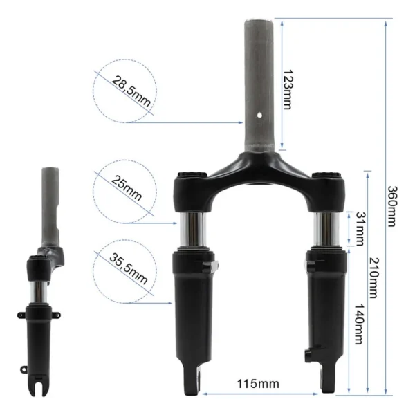Plan coté de la fourche Hikerboy Foxtrot Plus : 360 mm, pivot 28,5 mm, entraxe 115 mm Plan coté de la fourche Hikerboy Foxtrot Plus : 360 mm, pivot 28,5 mm, entraxe 115 mm
