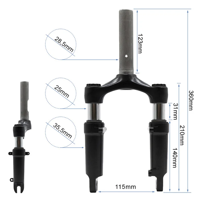 Plan coté de la fourche Hikerboy Foxtrot Plus : 360 mm, pivot 28,5 mm, entraxe 115 mm