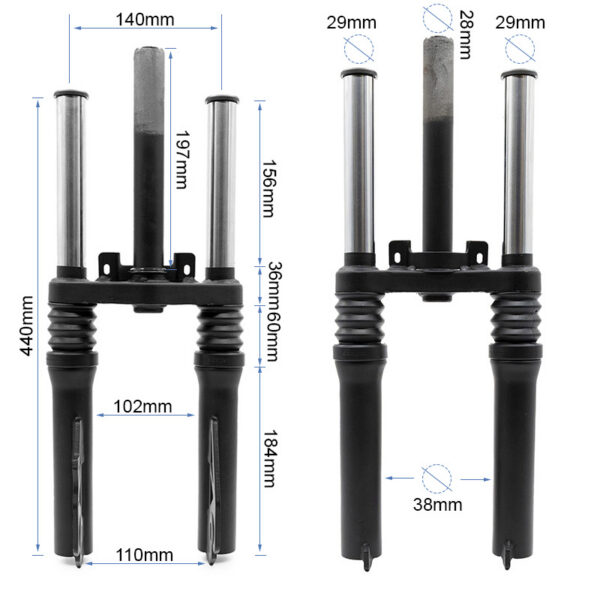 Dessin coté de la fourche Ninebot ZT3 Pro : 440 mm de hauteur, pivot 197 mm