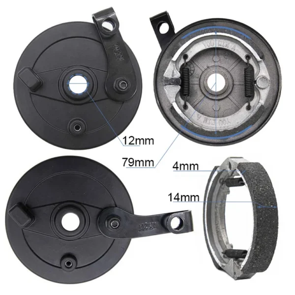 Plan coté du frein à tambour Hikerboy Foxtrot Plus : 79 mm, 14 mm, 4 mm, 12 mm Plan coté du frein à tambour Hikerboy Foxtrot Plus : 79 mm, 14 mm, 4 mm, 12 mm