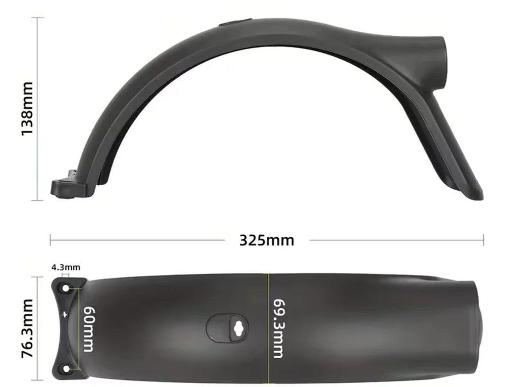 Dessin coté du garde-boue arrière Xiaomi Electric Scooter Elite, 325 sur 138 mm