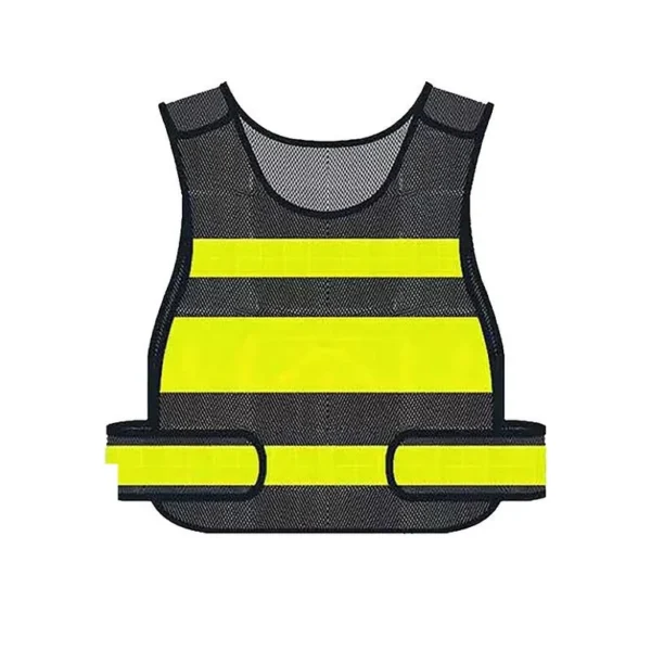 Chasuble réfléchissante en filet noir à deux bandes jaunes larges et sangle de taille Chasuble réfléchissante en filet noir à deux bandes jaunes larges et sangle de taille