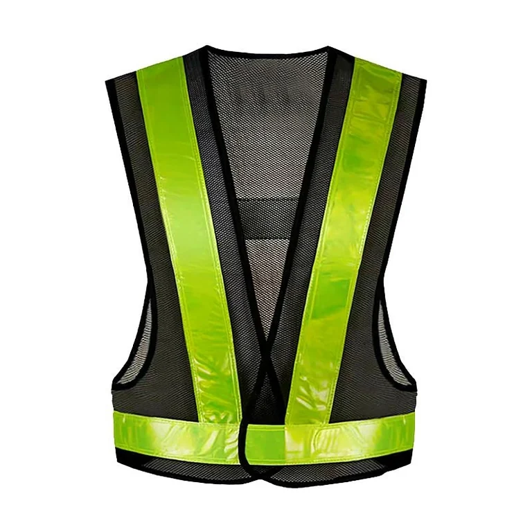 Gilet réfléchissant en filet noir à larges bandes jaune-vert disposées en V