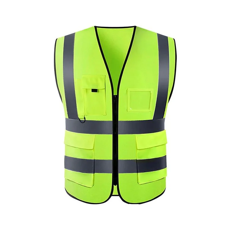 Gilet réfléchissant jaune fluo à quatre poches et fermeture éclair, bandes rétroréfléchissantes grises