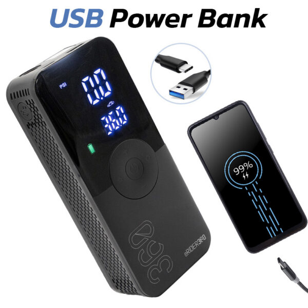 Gonfleur électrique utilisé comme batterie de secours pour recharger un téléphone Gonfleur électrique utilisé comme batterie de secours pour recharger un téléphone