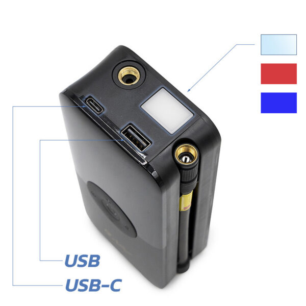Prises USB et USB-C du gonfleur électrique, sortie d'air filetée Prises USB et USB-C du gonfleur électrique, sortie d'air filetée