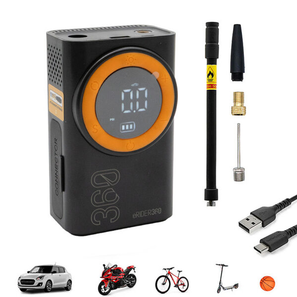 Gonfleur électrique noir et orange avec son flexible, ses embouts et son câble Gonfleur électrique noir et orange avec son flexible, ses embouts et son câble