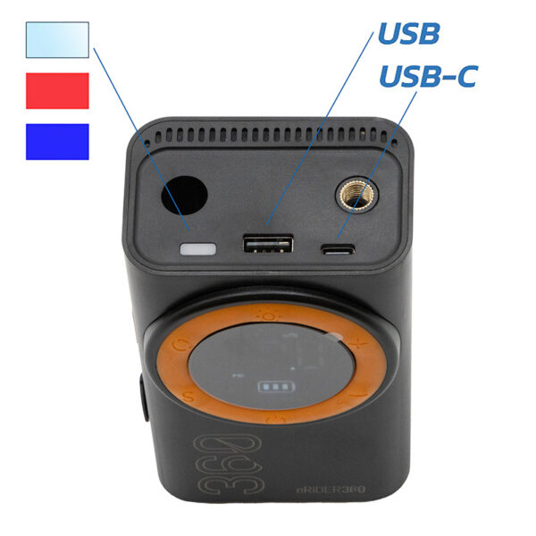 Prises USB et USB-C du gonfleur électrique et sortie d'air filetée Prises USB et USB-C du gonfleur électrique et sortie d'air filetée