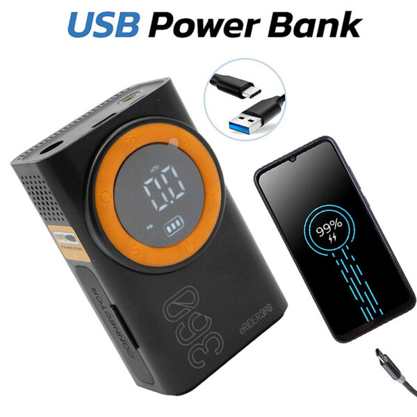 Gonfleur électrique utilisé comme batterie de secours pour recharger un téléphone Gonfleur électrique utilisé comme batterie de secours pour recharger un téléphone