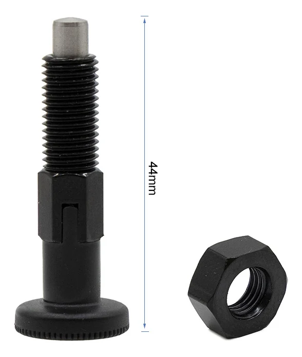 Plan coté : la goupille mesure 44 mm hors tout, bouton moleté compris.