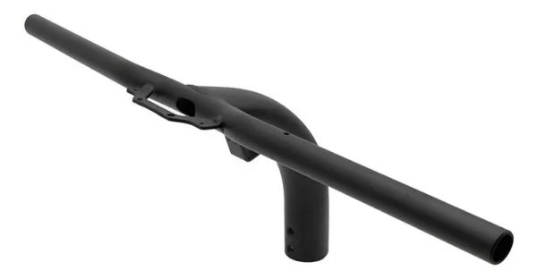 Guidon en T noir vu de trois quarts, barre droite et fût cylindrique sous la jonction Guidon en T noir vu de trois quarts, barre droite et fût cylindrique sous la jonction