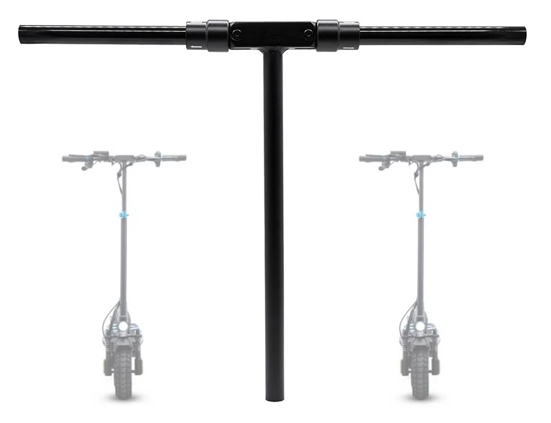 Guidon en T pliant noir, bras deployes, avec deux silhouettes de trottinette electrique en arriere-plan