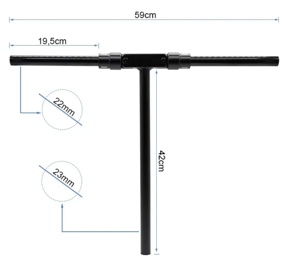Plan cote du guidon en T pliant : 59 cm de largeur totale, 19,5 cm par demi-guidon, mat de 42 cm, tube de 22 mm Plan cote du guidon en T pliant : 59 cm de largeur totale, 19,5 cm par demi-guidon, mat de 42 cm, tube de 22 mm
