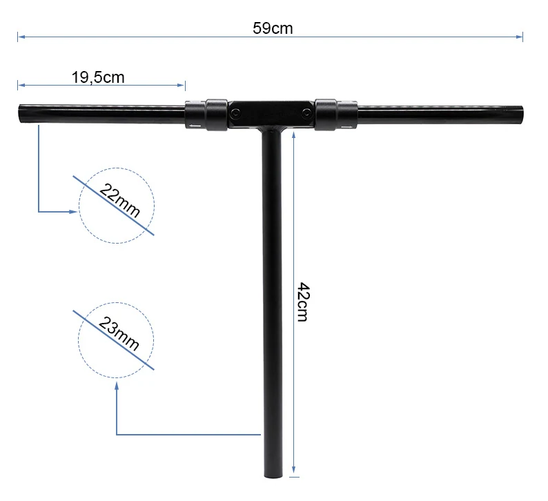 Plan cote du guidon en T pliant : 59 cm de largeur totale, 19,5 cm par demi-guidon, mat de 42 cm, tube de 22 mm