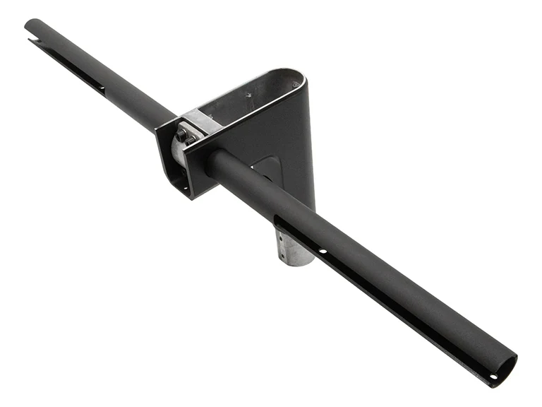 Guidon en T noir avec sa potence vu de trois quarts, avec le logement en U et le fut d'emmanchement