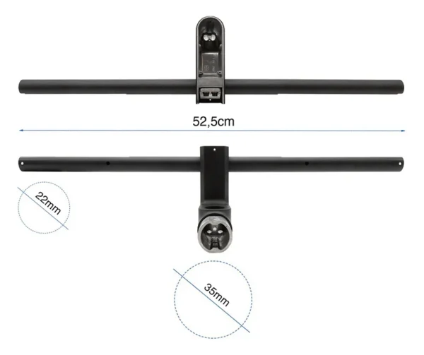 Plan cote du guidon en T : 52,5 cm de largeur totale, 22 mm de diametre aux extremites, 35 mm au fut Plan cote du guidon en T : 52,5 cm de largeur totale, 22 mm de diametre aux extremites, 35 mm au fut