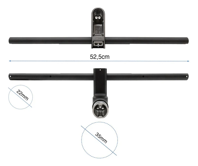 Plan cote du guidon en T : 52,5 cm de largeur totale, 22 mm de diametre aux extremites, 35 mm au fut