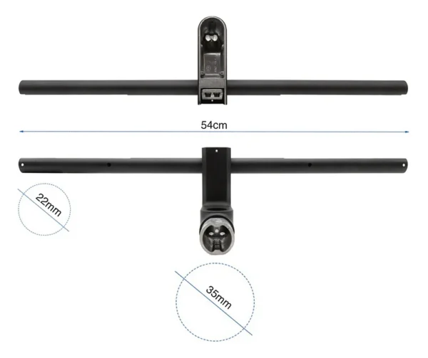 Plan cote du guidon en T : 54 cm de largeur totale, 22 mm de diametre aux extremites, 35 mm au fut