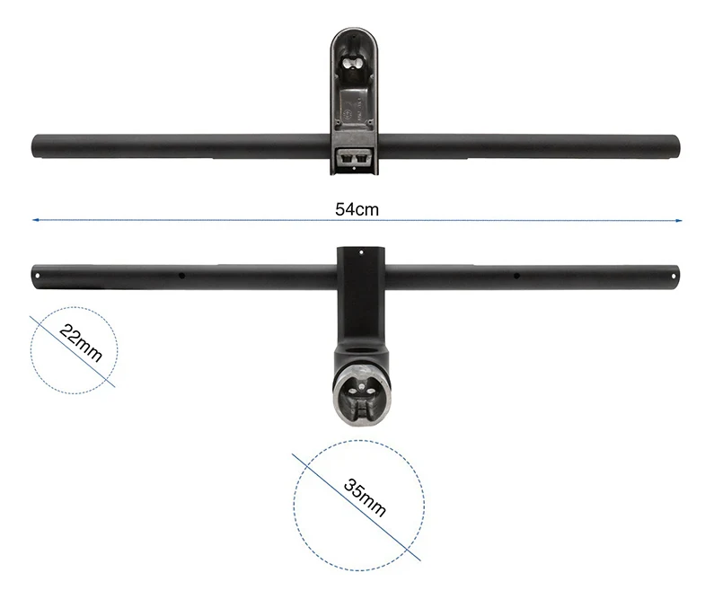 Plan cote du guidon en T : 54 cm de largeur totale, 22 mm de diametre aux extremites, 35 mm au fut
