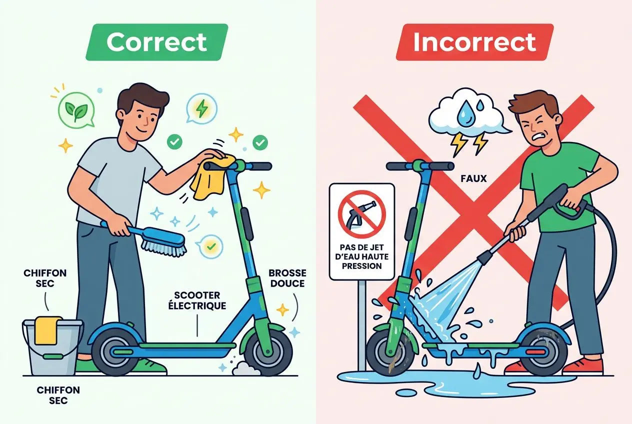 Illustration d’entretien trottinette électrique : côté correcteur, personne nettoyant la trottinette avec chiffons et brosse douce; côté incorrect, utilisateur sous la pluie lavant avec jet d’eau haute pression et scooter endommagé.