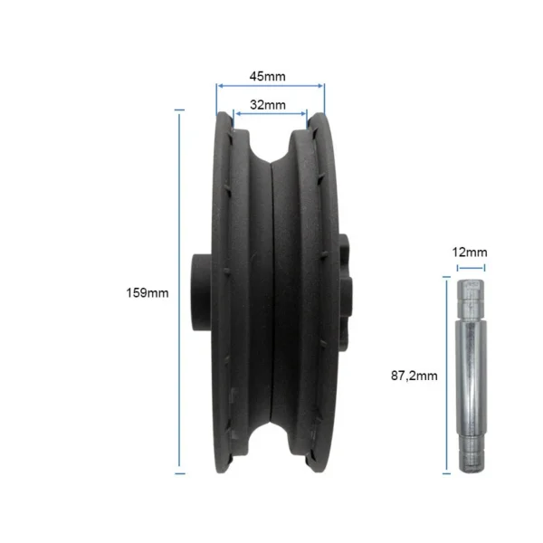 Plan coté de la jante : 159 mm de diamètre, 45 mm de largeur, gorge de 32 mm, axe de 87,2 mm Plan coté de la jante : 159 mm de diamètre, 45 mm de largeur, gorge de 32 mm, axe de 87,2 mm