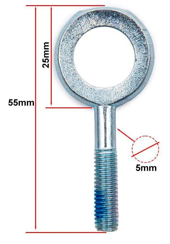 Plan coté de la bielle : 55 mm de longueur, œil de 25 mm, tige filetée de 5 mm Plan coté de la bielle : 55 mm de longueur, œil de 25 mm, tige filetée de 5 mm