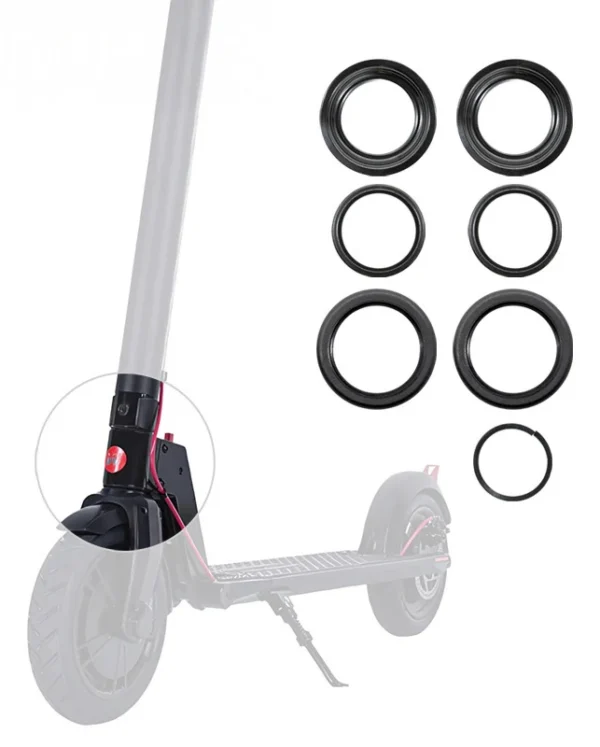 Les pièces du kit à côté d'une trottinette dessinée en gris, cercle sur la zone de direction Les pièces du kit à côté d'une trottinette dessinée en gris, cercle sur la zone de direction