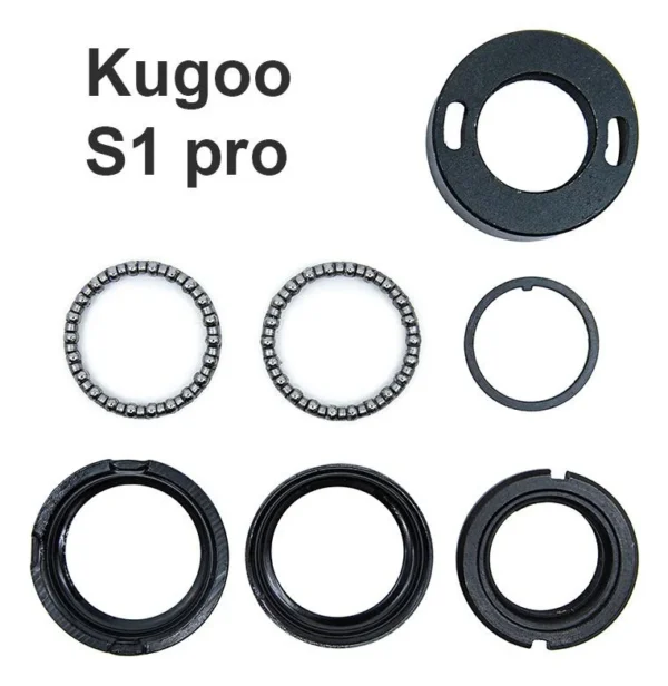 Les sept pièces du kit de direction posées à plat sous la mention Kugoo S1 pro Les sept pièces du kit de direction posées à plat sous la mention Kugoo S1 pro