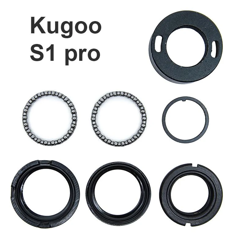 Les sept pièces du kit de direction posées à plat sous la mention Kugoo S1 pro