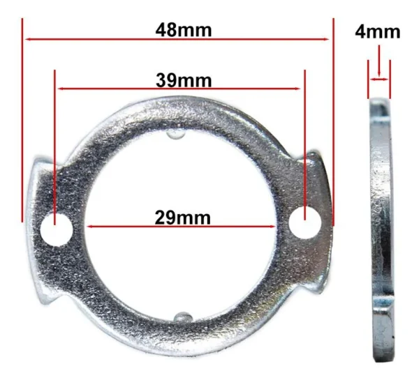 Plan coté de la plaque acier : 48 mm hors-tout, 39 mm, 29 mm d'alésage et 4 mm d'épaisseur Plan coté de la plaque acier : 48 mm hors-tout, 39 mm, 29 mm d'alésage et 4 mm d'épaisseur