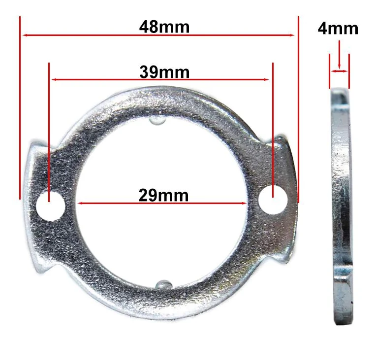 Plan coté de la plaque acier : 48 mm hors-tout, 39 mm, 29 mm d'alésage et 4 mm d'épaisseur